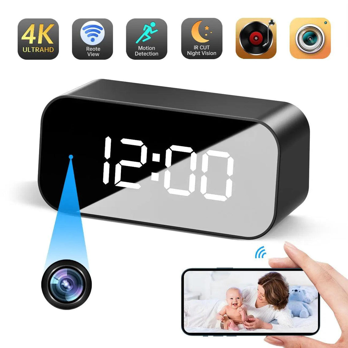 Smart WiFi Spy Camera Clock with 4K Ultra HD Video, 166-Degree Wide-Angle Lens, Night Vision, Motion Detection Alarm - Swayfer Tech