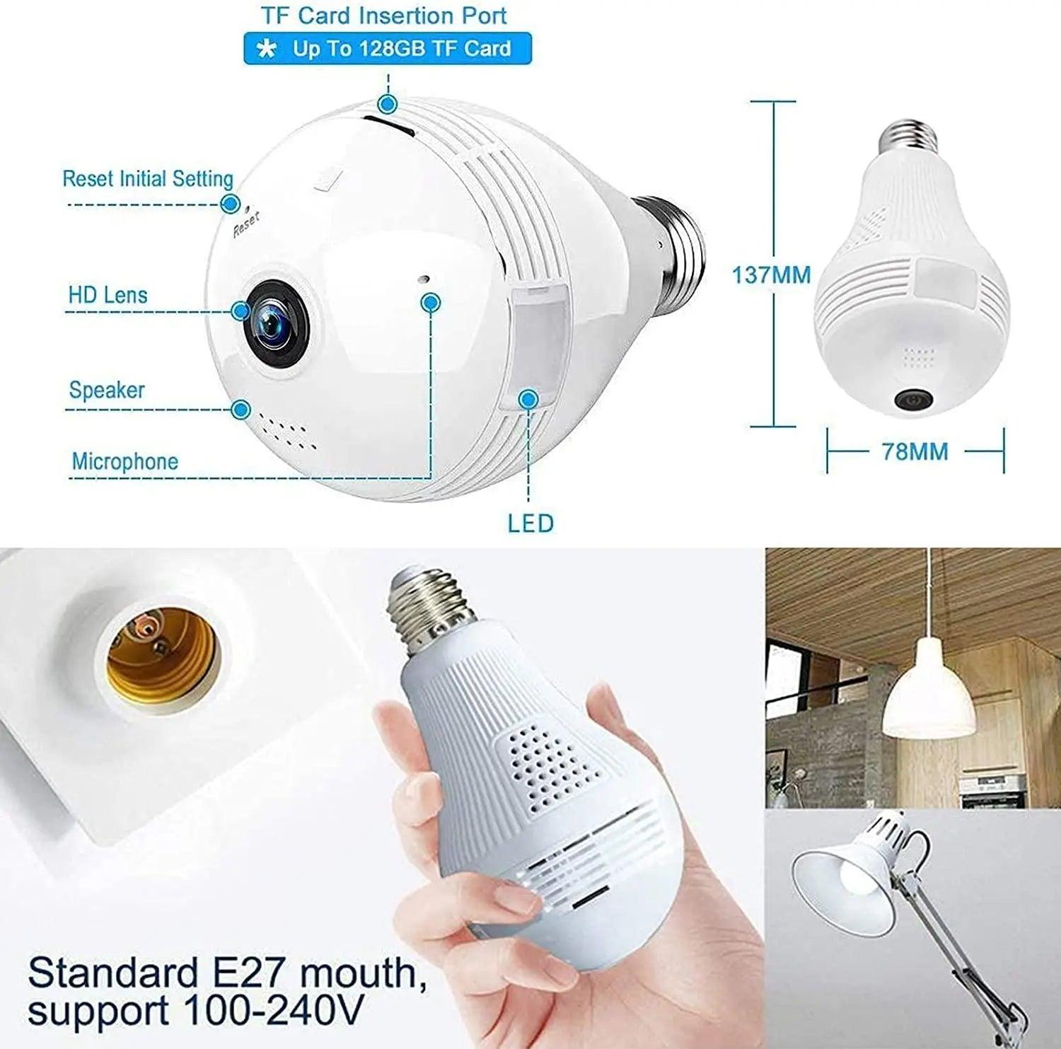Wi-Fi Camera Light Bulb - 960P VR Panoramic with HD 360° Wide Angle Fisheye View - Swayfer Tech